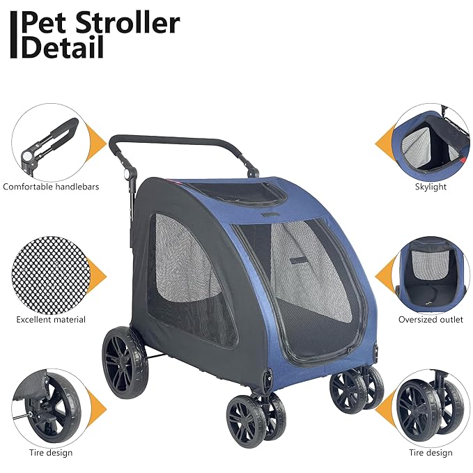 Extra Large Dog Stroller for Medium & Large Pets - Foldable Design, Adjustable Handle, Up to 130 lbs(Blue)