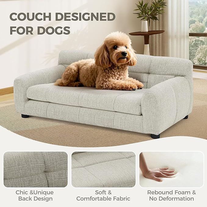 Dog Couch Bed, Mini Sofa for Dogs with Backrest and Armrest, Durable Pet Sofa with Soft Foam Cushion, Elevated Dog Couch Bed with Legs for Medium and Large Dogs, Beige