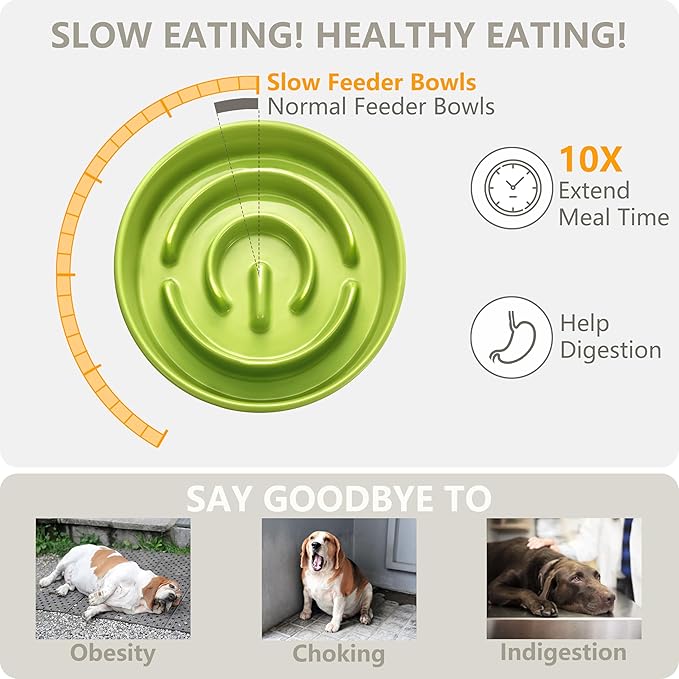 Ceramic Slow Feeder and Water Bowl Set for Small Dogs, Ceramic Dog Bowls Elevated with Wooden Stand, 0.6 Cups Dog Slow Feeder(14oz) and 30oz Water Bowl Set, Green