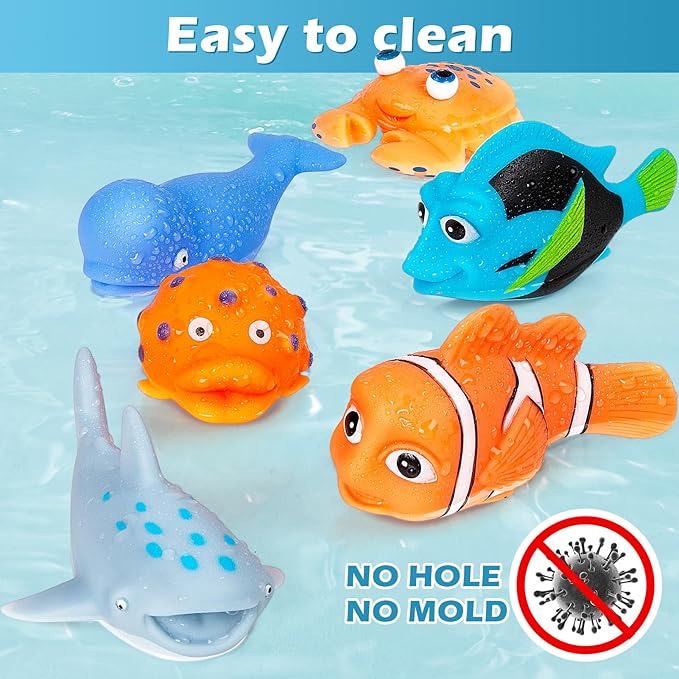 No Hole Mold Free Bath Toys for Toddlers 1-3, Water Toys for 6-12 Months Infants with Storage Bag, Baby Shark Toys for Pool, Bathtub, Beach, Shower, Tub, Kids Boys Girls Gifts