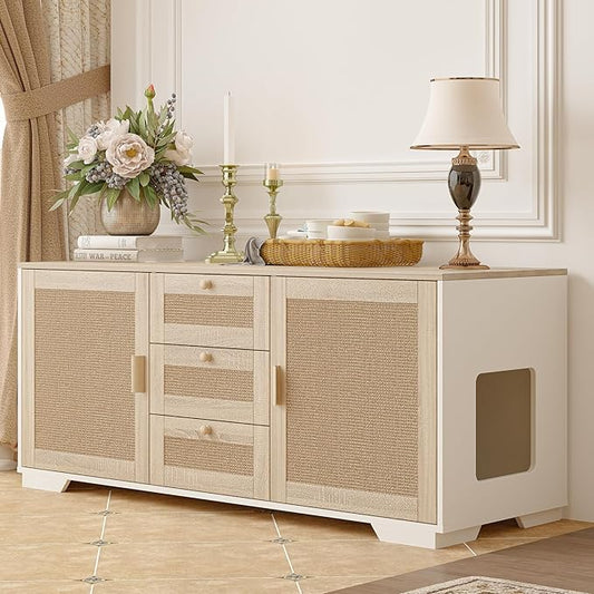 Cat Litter Box Enclosure Furniture Hidden Indoor 2-in-1 Wooden Cat & Washroom Cabinet with Scratching Board Doors and 3 Drawer for 2 Cats, 55"x20"x24"H