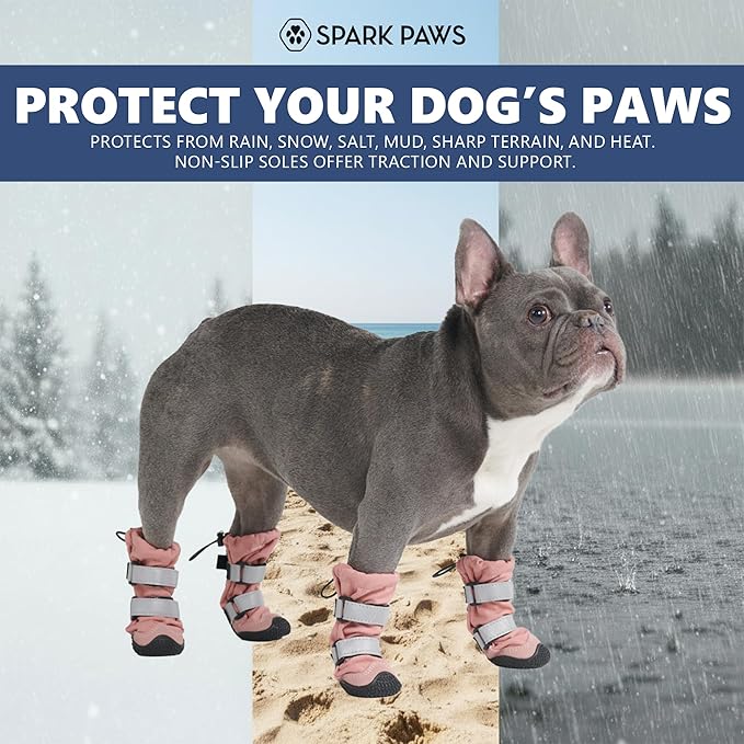 Spark Paws Dog Shoes, Waterproof Dog Boots for Medium to Large Dogs, Non Slip, Breathable Dog Booties and Paw Protectors - 4PCS Doggie Hiking Boots with Reflective Straps - Pink, Size 8