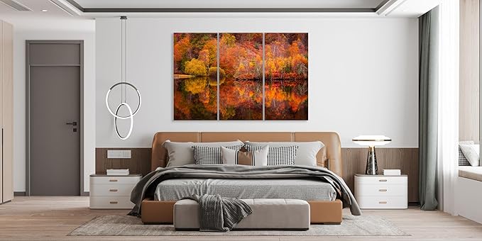 Nature Wall Art Prints - Ocean Forest Mountain Lake Canvas Landscapes - Small to Extra Large Living Room Bedroom Kitchen Bathroom Décor (Autumn Forest with Lake, 39L" x 59W" - 3 Panels)