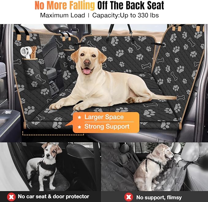 Dog Car Seat Cover for Back Seat, Larger Dog Car Bed Cover with Strong Bottom, Car Back Seat Extender Hammock for Full Size Truck/SUV Black 8 Panels Black Foot Print