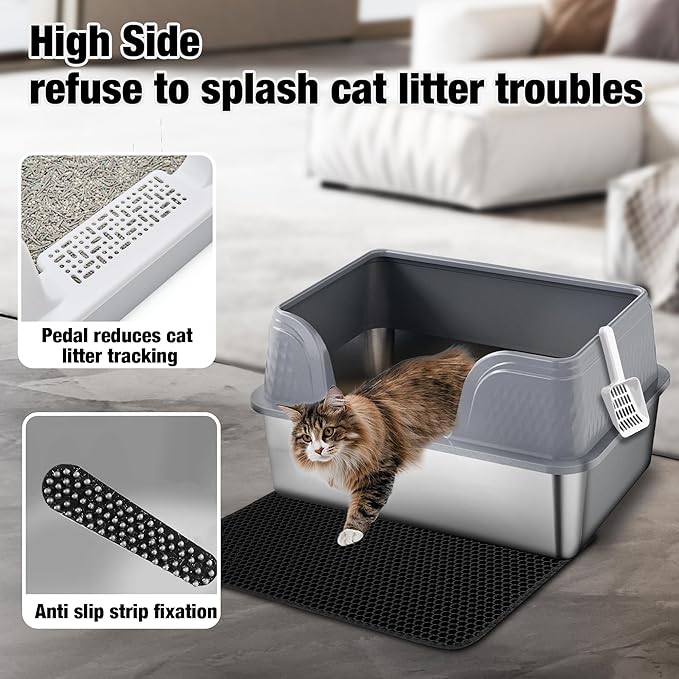Suhaco Extra Large Stainless Steel Litter Box with Lid XXXL High Sided Cat Litter Boxes Included Litter Mat & Litter Scoop Anti-Urine Leakage Metal Pet Toilet for Big Cats (Grey XXXL)