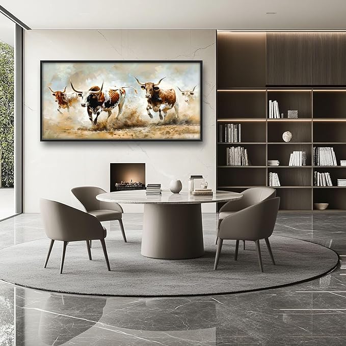 Highland Cow Large Wall Art Wild Animal Running Pictures Farmhouse Rustic Longhorn Wall Decor Canvas Print Painting Artwork for Bathroom Living Room Bedroom 60L" x 30W"