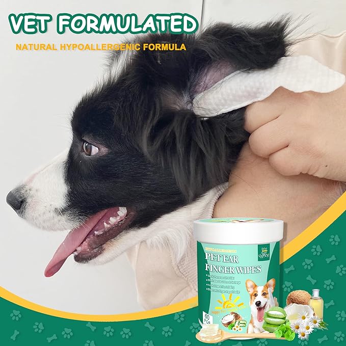 60 ct Pet Ear Finger Wipes for Dogs - Extra-Coverage and Large Design with Coconut Oil and Aloe Vera, Relieve Ear Itching and Inflammation, Remove Ear Wax and Debris, Soothing Cleansing Deodorizing