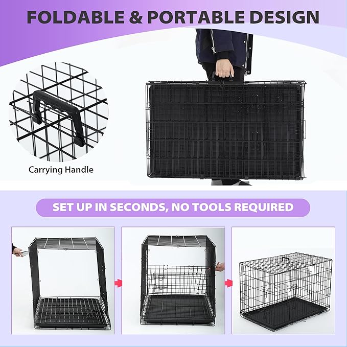 BestPet | Dog Crate | 48" | Black | Foldable Metal Kennel with Double Doors, Secure Slide-Bolt Latches, Leakproof Tray | Portable Dog Cage for Large Breeds | for Travel, Indoor & Outdoor Use