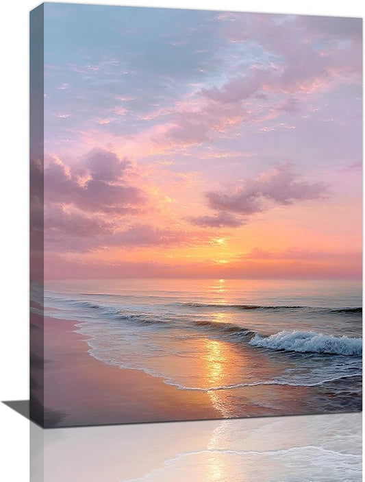 Beach Sunset Wall Art Ocean Coastal Scenery Wall Decor Seascape Picture Canvas Landscape Painting Print Framed Artwork Decorations for Living Room Office Bedroom Kitchen 16"x24"