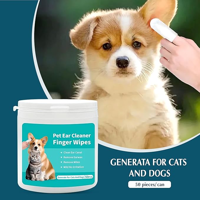 Ear Wipes for Dogs & Cats - Comfortable Finger Design, Gentle Ear Wax, Debris, and Dirt Cleaning | 50-Count Pack