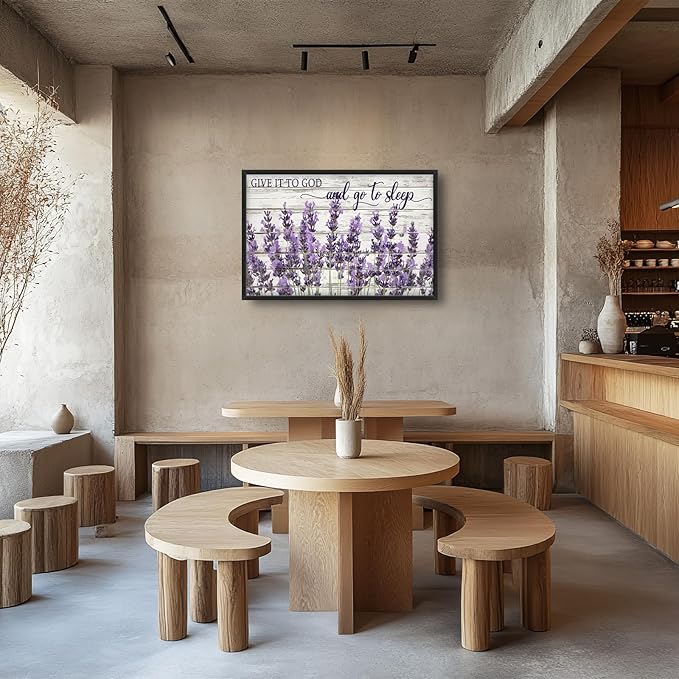 Large Lavender Wall Art for Living Room, Framed Oversized Rustic Floral Wall Decor Christian Give It To God Canvas Painting Modern Artwork for Living Room Bathroom Bedroom Office Dining Room 36"x24"