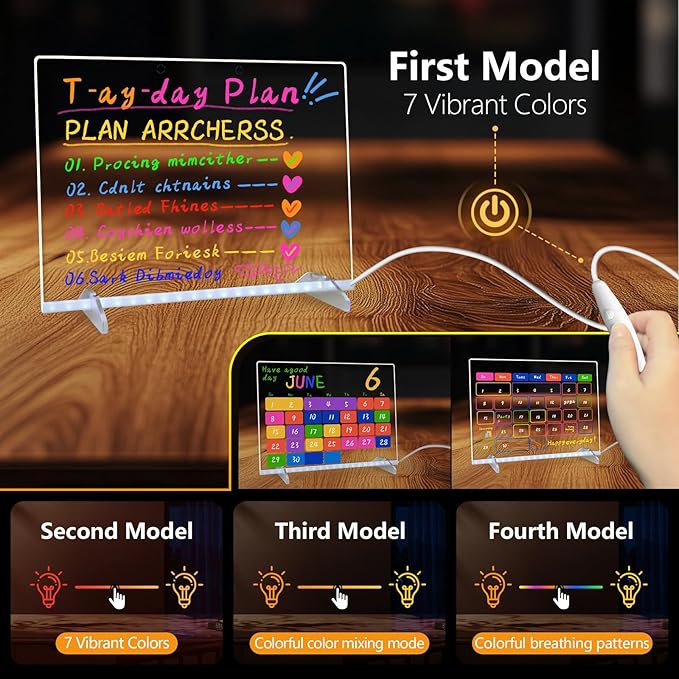 LED Note Board with Colors, 13.7"X10" 4 Modes & 7 Colors Acrylic Dry Erase Board with Light, Include Adapter, Hanging Chain, Led Drawing Board for Kids with Stand, 7 Markers, Spray Bottle