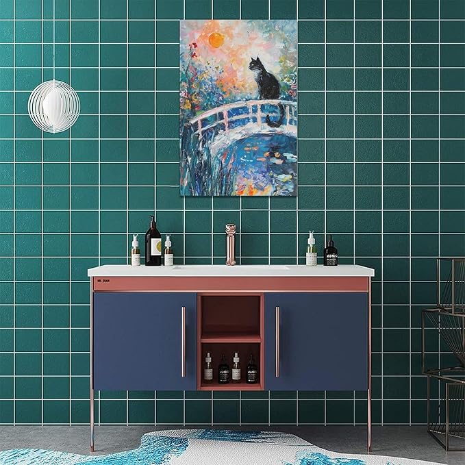 Quorin Black Cat Wall Art Water Lily Sunset Pictures Cat Wall Decor Impressionism Canvas Print Painting Artwork for Bathroom Living Room Bedroom 16"x24"