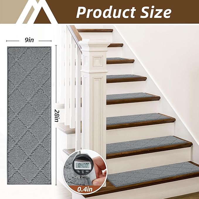 COSY HOMEER Stair Treads for Wooden Steps 9"x28" Washable Indoor Carpet Stair Treads Non Slip Soft Polyester Stair Carpet Tread Reusable Stair Runner Rugs for Kids, Elders,Pets,Medium Grey,4pcs