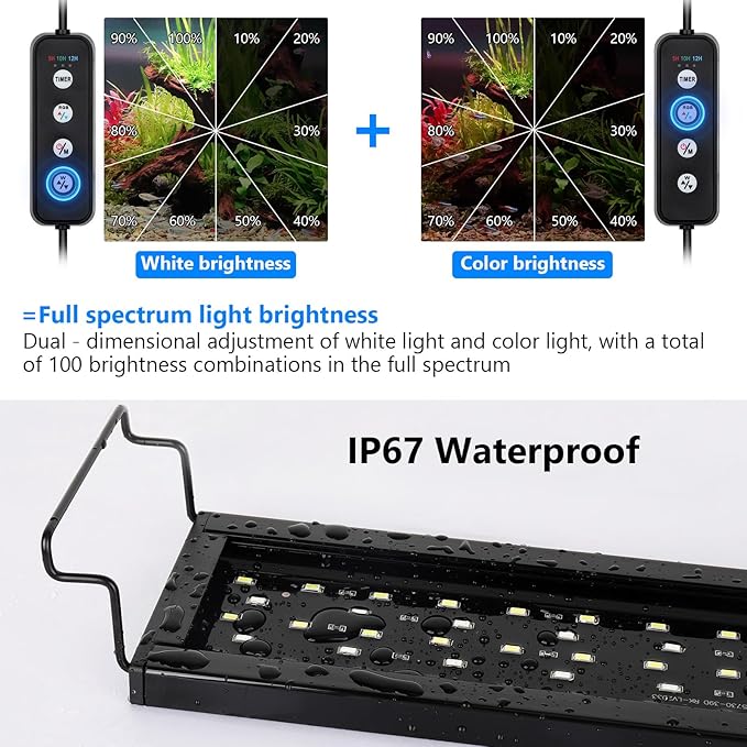 AQQA Full Spectrum Aquarium Light,Fish Tank Lights for Plant Growth Fish Viewing,3 Mode White Blue Red Green LED Beads,Timer,Adjustable Brightness,Extendable Brackets for Freshwater 26W for 32-40inch