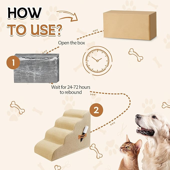 Dog Stairs, Romrol Dog Steps Ramp for High Bed and Couch, Dogs Ramp with Durable Non-Slip Waterproof Fabric Cover, Pet Stairs for Small Dogs and Cats or Pets Joints, 4-TiersBeige