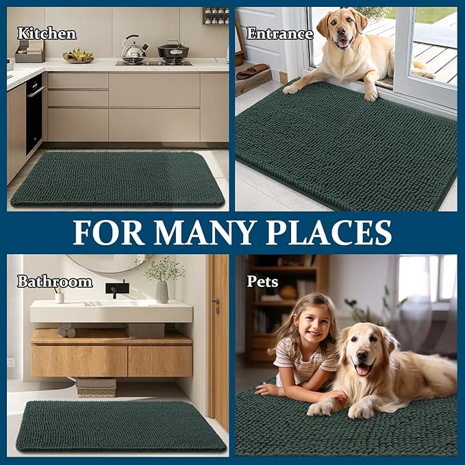 OLANLY Dog Door Mat for Muddy Paws 59x35, Absorbs Moisture and Dirt, Absorbent Non-Slip Washable Doormat, Quick Dry Chenille Mud Mat, Entry Indoor Entryway Carpet for Inside Floor, Blackish Green