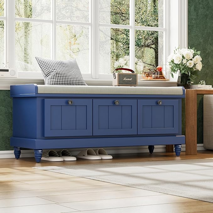 Classic Shoe Storage Bench with Cushion and Three Drawers, Fluted Entryway Bench with Storage for Entryway, Living Room, Hallways 44.0" L x 15.9" W x 18.9" H Antique Navy