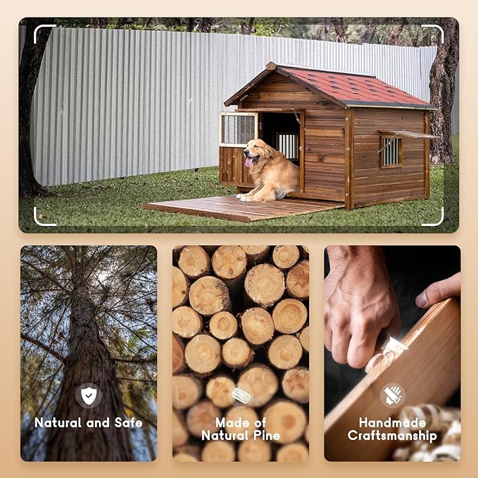 Extra Large Dog House Outdoor Made of Solid Pine Wood, Warm Doghouse, Dog House with Elevated Floor for Large Dogs, (Wood, XL)