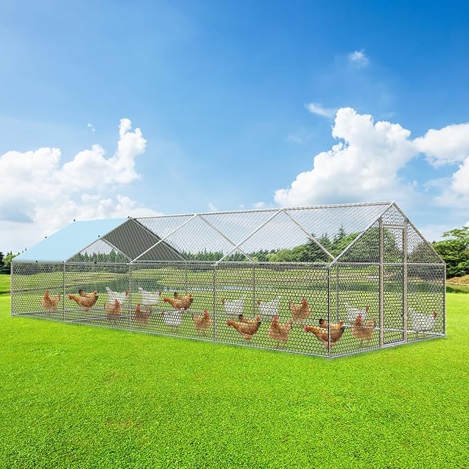 4ever2buy Large Metal Chicken Coop with Run Walk-in Poultry Cage Chicken Runs House Pen Cage Spire Roofed Chicken Coops with Anti-Ultraviolet Cover for Outdoor Backyard Farm Use 9.5’Lx24.9’Wx6.4’H