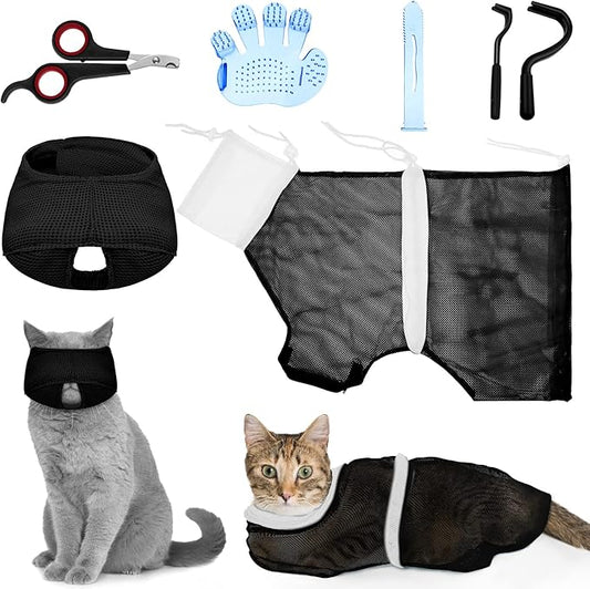 Patelai 5 Pcs Cat Bathing Bag Set Cat Grooming Bag Adjustable Pet Shower Net Muzzles Nail Clipper Tick Remover Tool Massage Brush(Black White)