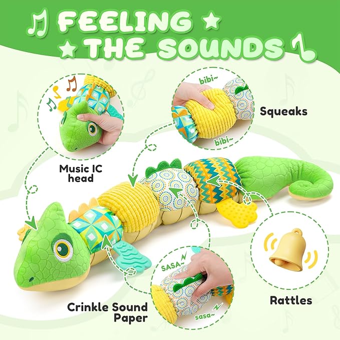Baby Toys 0-6-12 Months, Musical Stuffed Animal Activity Soft Toys with Multi-Sensory Crinkle,Rattles and Textures,Infant Tummy Time Toys for Newborn Boys Girls,Dinosaur,Green