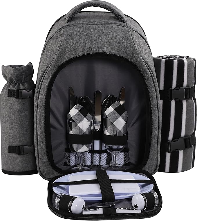 apollo walker Picnic Backpack Bag for 2 Person with Cooler Compartment, Detachable Bottle/Wine Holder, Fleece Blanket, Plates and Cutlery Set (2Person,Grey)