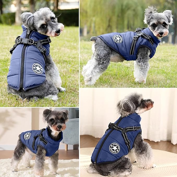 HDKUW Small Dog Jacket, Small Dog Coat Harness Winter Warm Vest Jacket Waterproof Cotton Costume for Puppy Small Dogs (XL, Blue)