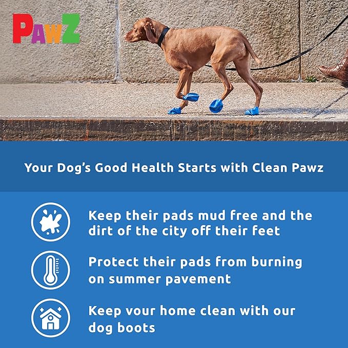 PawZ Rubber Dog Boots for Paws up to 3", 24 Total (2 Packs of 12) - All-Weather Dog Booties for Hot Pavement, Snow, Mud, and Rain - Waterproof, Anti Slip Dog Socks - Medium, Blue