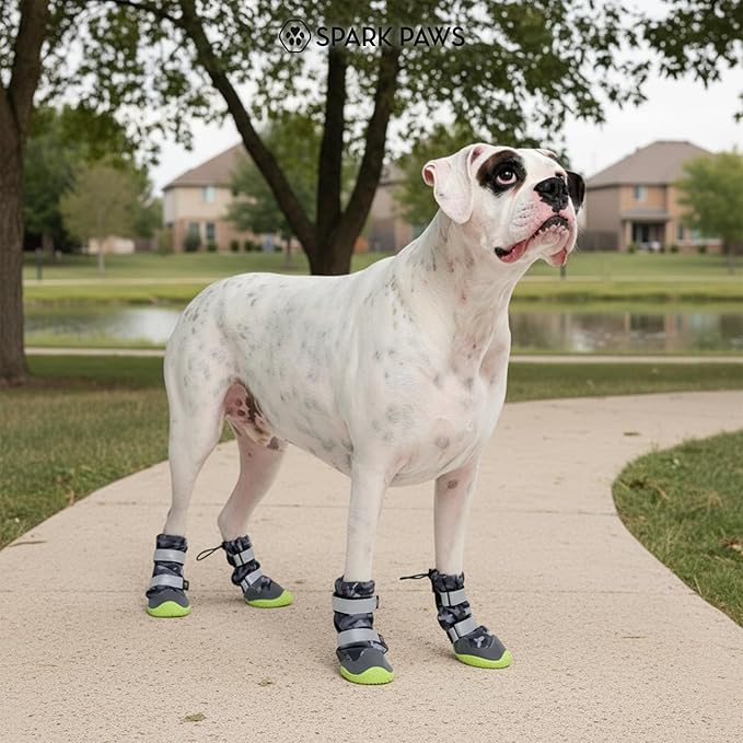 Spark Paws Dog Shoes, Waterproof Dog Boots for Medium to Large Dogs, Non Slip, Breathable Dog Booties and Paw Protectors - 4PCS Doggie Hiking Boots with Reflective Straps, Gray Camo, Size 4