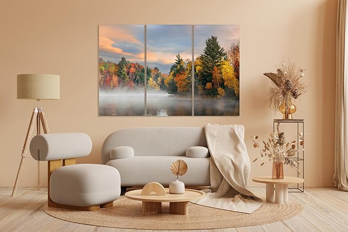 Nature Wall Art Prints - Ocean Forest Mountain Lake Canvas Landscapes - Small to Extra Large Living Room Bedroom Kitchen Bathroom Décor (Misty Fall Reflection, 47L" x 71W" - 3 panels)