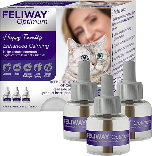 FELIWAY Optimum 3 x 30 Day Cat Calming Refills for Pheromone Diffuser, 3 x 48ml Value Pack - Helps Reduce Common Signs of Stress in Cats & Kittens, Enhanced Calming