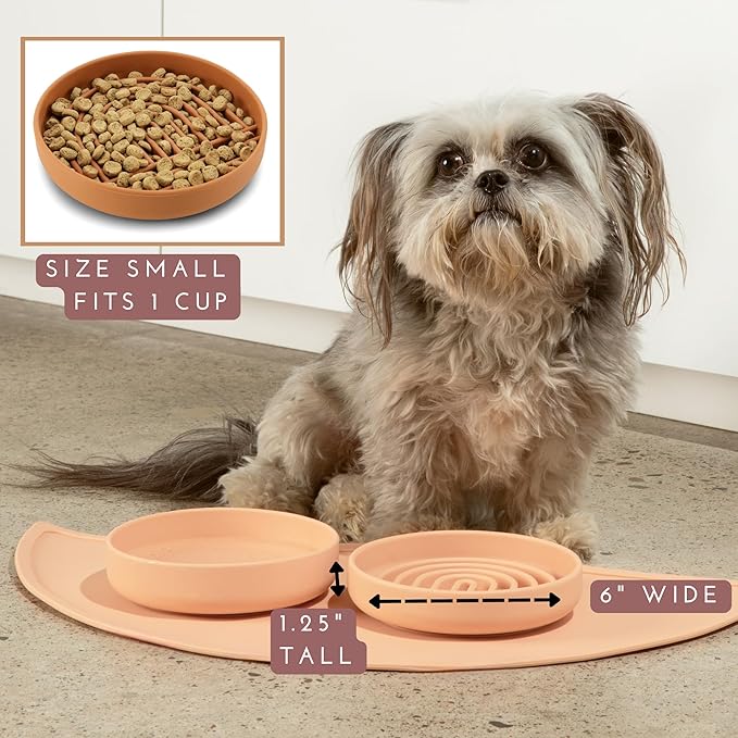 The Slowdown Bowl Silicone Slow Feeder for Cats & Kittens, Slow Eating Mealtime Solution with Lick Modern Mat Design, Reduces Gulping, Fits 1 Cup 6” Across x 1.25” Tall, Small-Terracotta