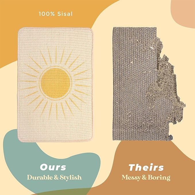 Sisal Scratcher, [+ Catnip Fish Toy], Cat Wall Scratcher, Couch Protector from Cat Scratching, Scratching Mat- 24 X 15.8 with 12 Adhesive Stripes. (The Sun)