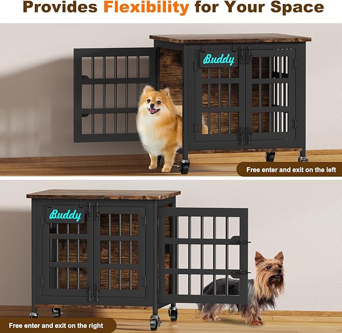 EasyCom Heavy Duty Dog Kennel Indoor with Name Tag, 27" Dog Crate Furniture for Small Dogs, Double-Doors Sturdy Metal Dog Cage for Anxiety Dog