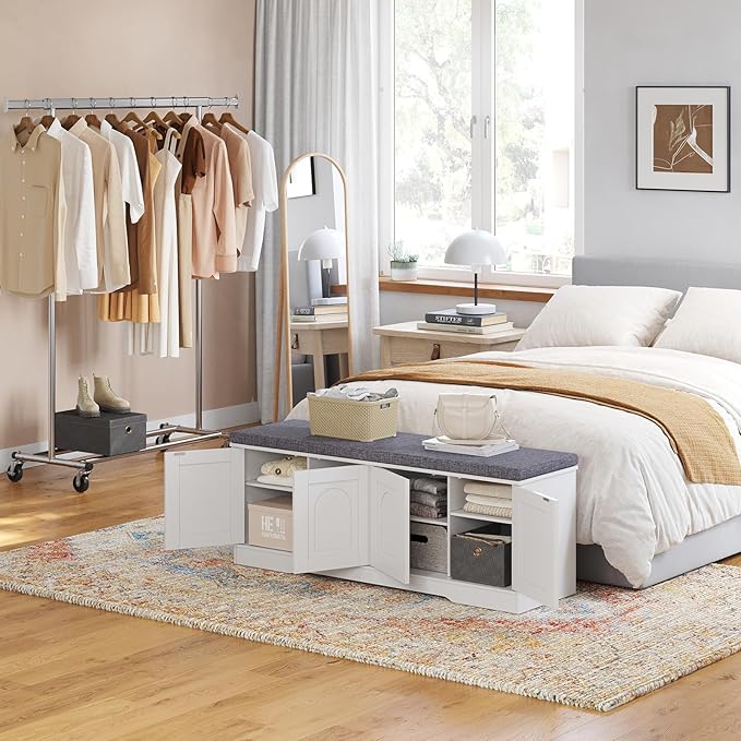 DINZI LVJ Shoe Bench, Entryway Storage Bench with Doors, Cushion, 2-Tier Shoe Rack with 8-Cubby, 47.2”L x 13.8”W Shoe Organizer Cabinet, Adjustable Shelf, Living Room, Bedroom, White