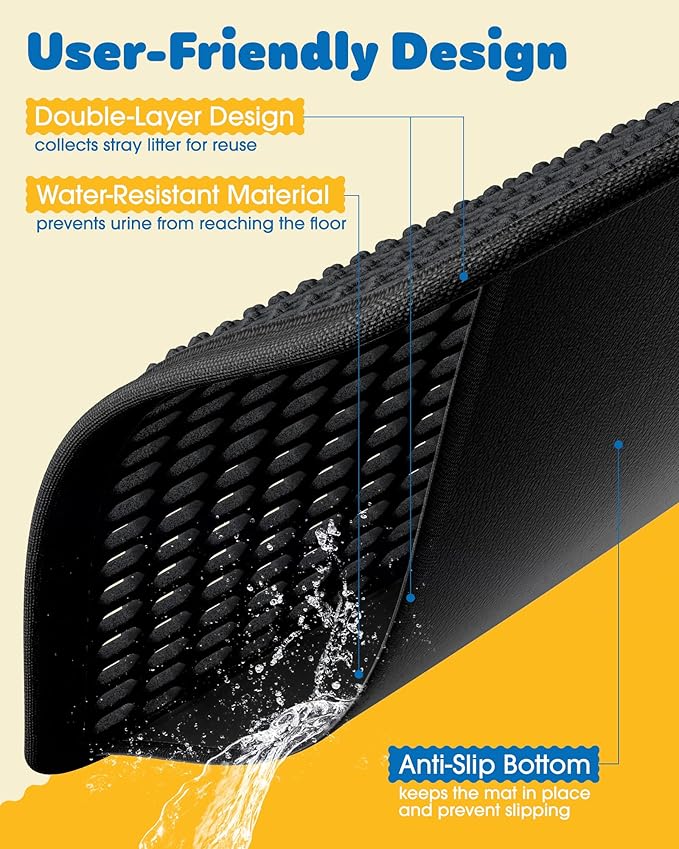 Cat Litter Mat - 23.2'' x 29.1'' Large Litter Trapping Mat, Easy to Clean Litter Box Mat, Waterproof, Urine-Proof, Non-Slip Kitty Litter Mats for Floor, Black