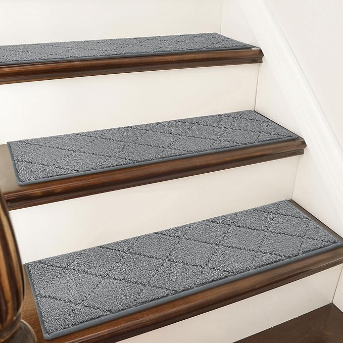 COSY HOMEER Stair Treads for Wooden Steps 9"x28" Washable Indoor Carpet Stair Treads Non Slip Soft Polyester Stair Carpet Tread Reusable Stair Runner Rugs for Kids, Elders,Pets,Medium Grey,4pcs