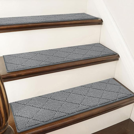 COSY HOMEER Stair Treads for Wooden Steps 9"x28" Washable Indoor Carpet Stair Treads Non Slip Soft Polyester Stair Carpet Tread Reusable Stair Runner Rugs for Kids, Elders,Pets,Medium Grey,4pcs