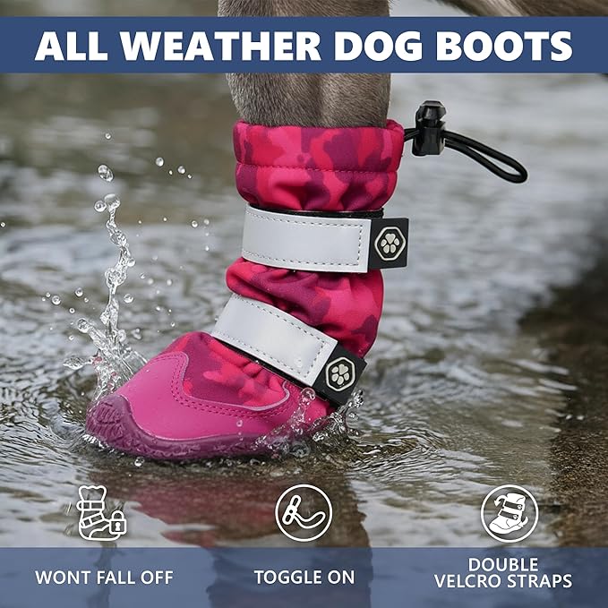Spark Paws Dog Shoes, Waterproof Dog Boots for Medium to Large Dogs, Non Slip, Breathable Dog Booties and Paw Protectors - 4PCS Doggie Hiking Boots with Reflective Straps, Pink Camo, Size 2