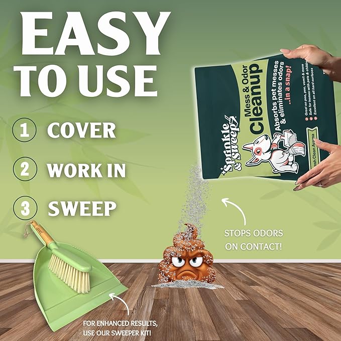 Sprinkle & Sweep Pet Accident Cleanup for all Hard Surface - Non Toxic Quick Pet Mess Cleaner & Odor Remover for Urine, Poop, Vomit, Diarrhea & Potty Training (1Bag + Sweepr Kit + 1 Spray)