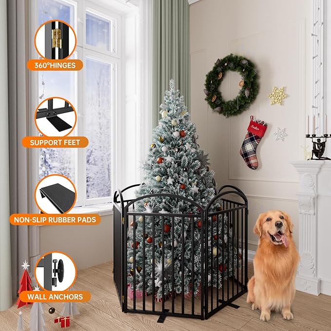 6 Panles Full Matel Freestanding Dog Gates with Door, 144"Extra Wide 32"Tall Free Standing Dog Pet Gate for Indoor & Outdoor. Foldable Pet Fences for Doorways, House, Stairs, Porch, Deck, Yard