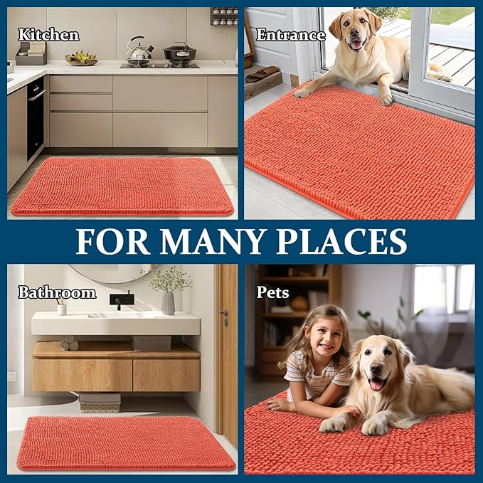 OLANLY Dog Door Mat for Muddy Paws 59x24, Absorbs Moisture and Dirt, Absorbent Non-Slip Washable Doormat, Quick Dry Chenille Mud Mat for Dogs, Entry Indoor Entryway Carpet for Inside Floor, Coral