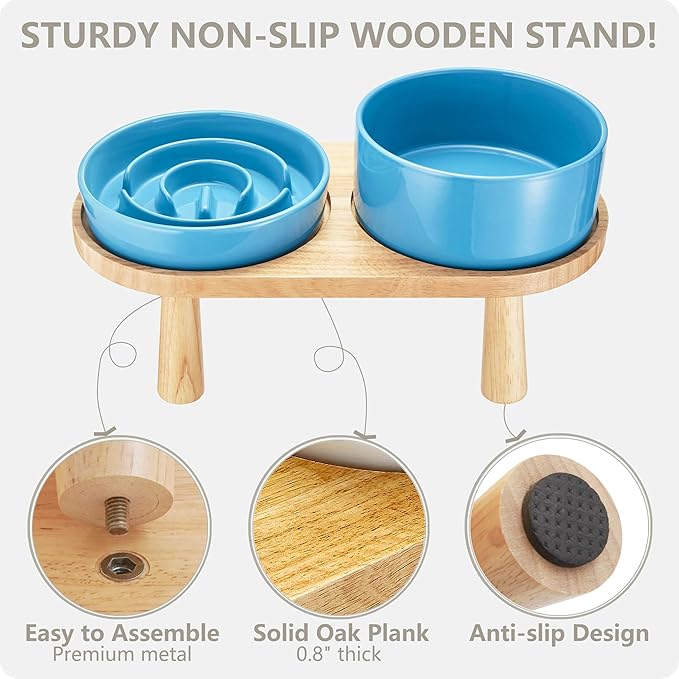 Ceramic Slow Feeder and Water Bowl Set for Medium and Large Dogs, Ceramic Dog Bowls Elevated with Wooden Stand, 2.0 Cups Dog Slow Feeder(30oz) and 70oz Water Bowl Set, Blue