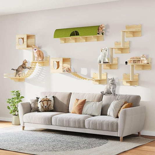 Cat Wall Shelves, Cat Wall Furniture Pine Wooden Feline Shelf, 18 Piece Feline Shelves and Perches with Condos, House, Steps, Bridge Ladder, Scratching Post and Tunnel