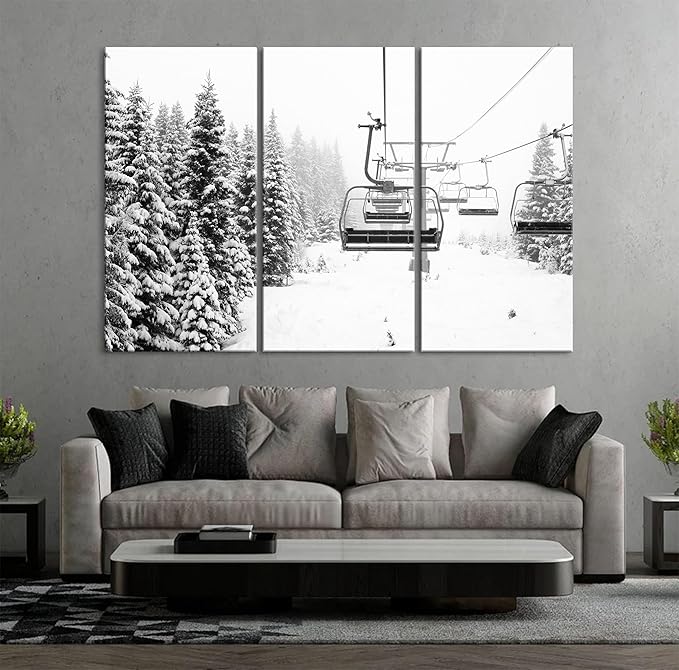 Nature Wall Art Prints - Ocean Forest Mountain Lake Canvas Landscapes - Small to Extra Large Living Room Bedroom Kitchen Bathroom Décor (Ski Lift on Snowy Mountain, 55L" x 83W"- 3 Panels)