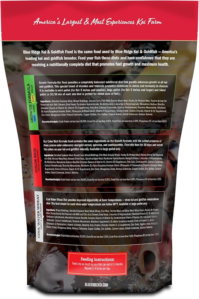 Blue Ridge Koi Fish Food 2lb - Koi Food Large 3/16" Growth Formula, Goldfish Food, Premium Fish Food for Ponds, Ponds Fish Food, Floating Pond Pellets