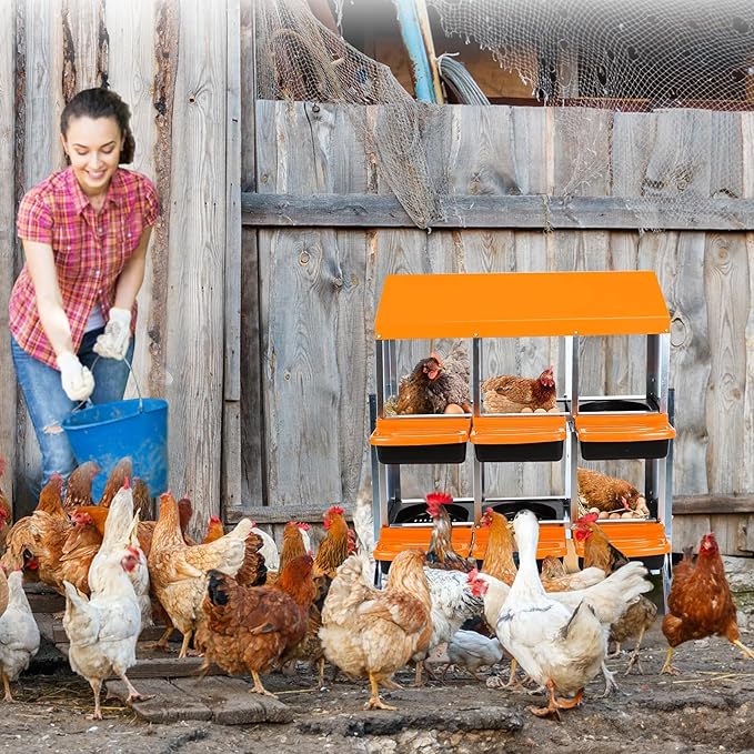 Chicken Nesting Boxes, 6 Hole Metal Chicken Laying Box with with Removable Trays and Roll Out Egg Collection for Chicken Coop, with Metal Bracket, Orange