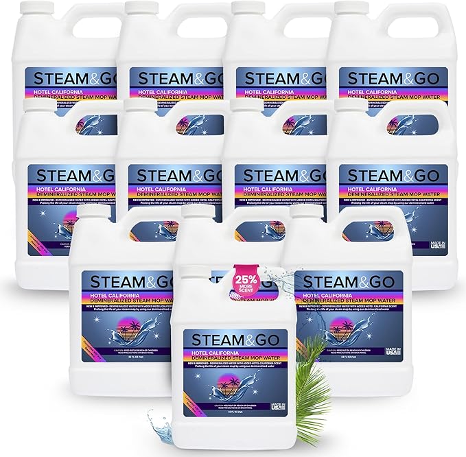 Steam & Go Deminerilized Water - Multi-Surface Cleaner for Steam Cleaners, Hardwood Floors, Kitchens, & Bathrooms - Germ-Killing Formula - Hotel California Scent - 32 Ounces (Pack of 12)