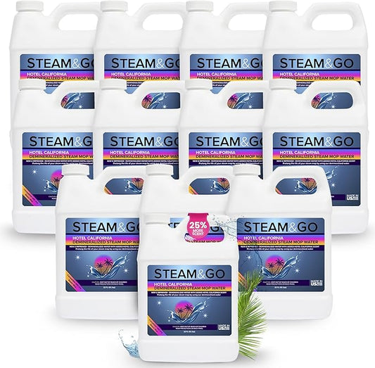 Steam & Go Deminerilized Water - Multi-Surface Cleaner for Steam Cleaners, Hardwood Floors, Kitchens, & Bathrooms - Germ-Killing Formula - Hotel California Scent - 32 Ounces (Pack of 12)